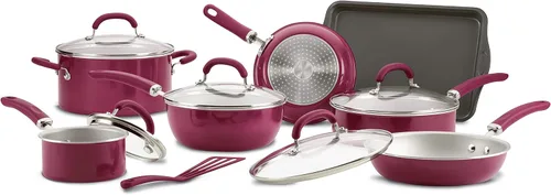 Vista 6 de Rachael Ray Create Delicious - Juego de ollas y sartenes antiadherentes, 13 piezas, color burdeos brillante