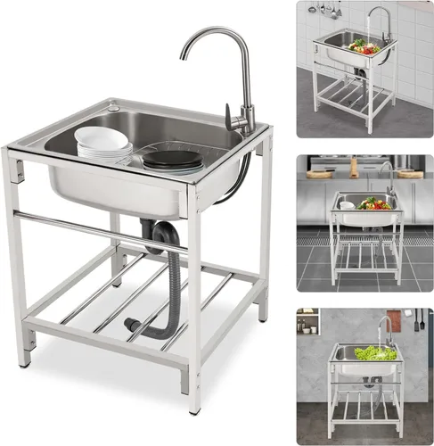 Vista 3 de Fregadero de cocina de restaurante comercial independiente de acero inoxidable con soporte, preparación de cocina y lavabo de mano para el hogar