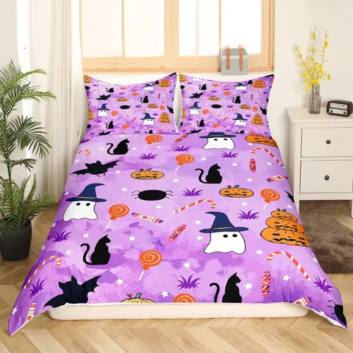 Vista 12 de Feelyou Funda de edredón de Halloween, tamaño individual, con 1 funda de almohada, decoración de Halloween, juego de ropa de cama con estampado