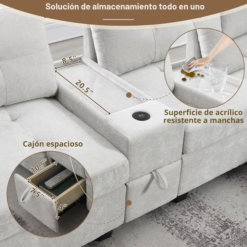 Vista 5 de Sofá modular de 103 pulgadas con 2 consolas acrílicas, juego de sofá en forma de U de gran tamaño con cargador USB, cajones de almacenamiento Beige