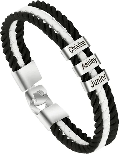 Vista 40 de Pulseras de cuero personalizadas para hombre con 1-6 nombres, pulsera trenzada personalizada con cuentas para papá, marido, día del padre, San