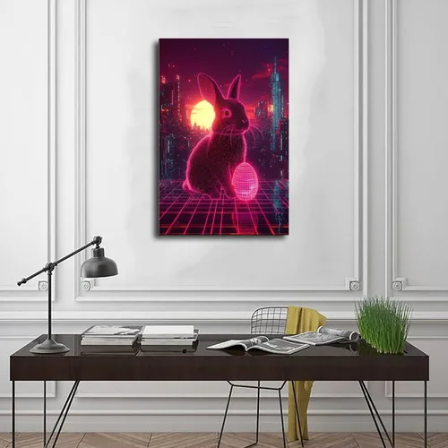 Vista 3 de Synthwave Easter Bunny Art – Neon Cyber Rabbit with Retro Easter Egg – Vaporwave 80s Sci-Fi Wall Print – Aesthetic Outrun Decor for Gamers & Retro