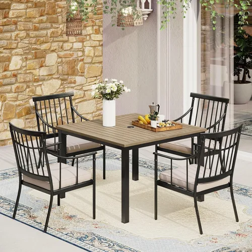 Vista 17 de MFSTUDIO Juego de comedor de 5 piezas de metal para patio, juego de muebles para exteriores con 1 mesa cuadrada de madera y 6 sillas de respaldo