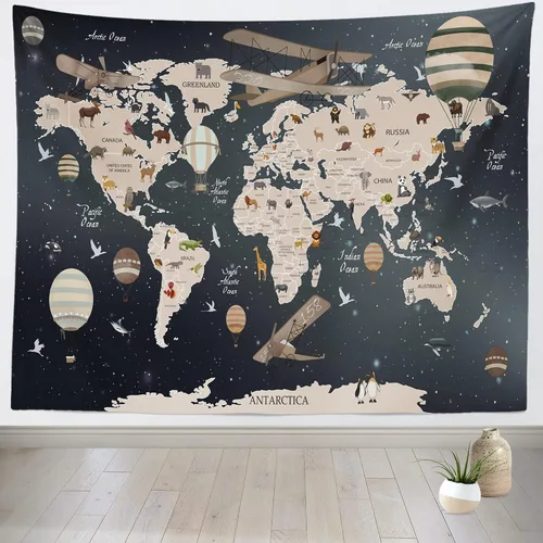 Vista 2 de BELECO Tapiz de mapa del mundo para colgar en la pared, diseño de animales de dibujos animados, 60 x 40 pulgadas, diseño vintage de aviones