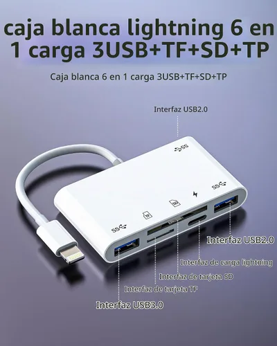 Vista 2 de Adaptador de cargador de lector de tarjetas micro SD Lightning a USB 6 en 1 para iPhone 13 14 Pro Max para iPad Dongle para Apple MFI certificado