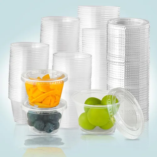 Vista 12 de 240 tazas pequeñas de plástico transparente para condimentos con tapas, recipientes de porciones de 1 oz, ideales para condimentos, aderezos