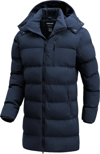 Vista 11 de Abrigo de invierno para hombre, chaqueta larga acolchada impermeable, parka de esquí, ropa exterior gruesa con capucha extraíble Negro
