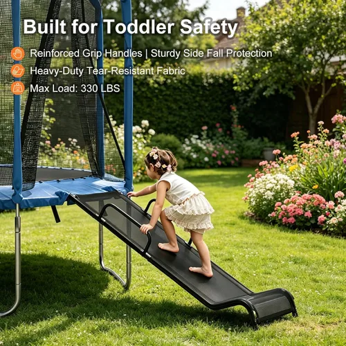 Vista 2 de Universal Trampoline Slide 60" * 20" Slide with 2 Iron Plasticized Handles Buffer Bottom Wear-Resistant Fabric Safety Ladder for Kids and Toddle
