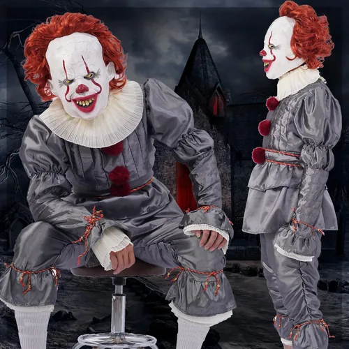 Vista 4 de Disfraz de payaso de Halloween para adultos o niños, disfraz de payaso espeluznante que incluye máscara aterradora, globos, disfraz completo