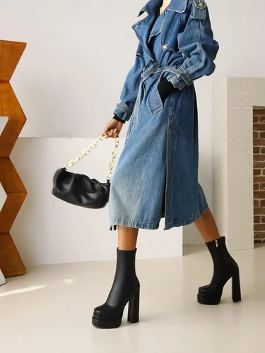 Vista 6 de vivianly Botas de plataforma a media pantorrilla para mujer, con punta cuadrada, tacón grueso, botines con cremallera lateral Chelsea