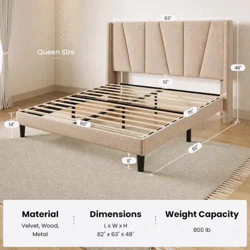 Vista 2 de SHA CERLIN Base de cama tapizada Queen con cabecero, color beige