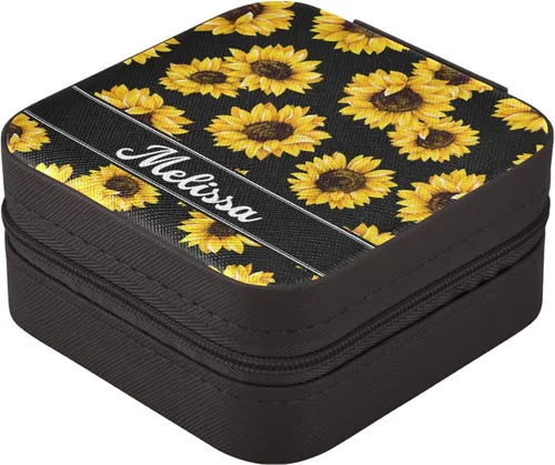 Vista 3 de Joyero de viaje personalizado con girasoles, de piel sintética, caja de joyería portátil personalizada, organizador de viaje, pequeña caja