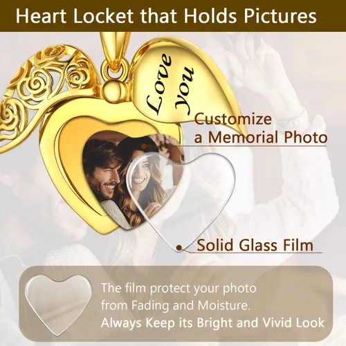 Vista 3 de SILVERCUTE Personalized & Engraved Locket Necklace with 18" Chain -Angel Wings Locket, Custom Heart Locket Pendant That Holds Picture, Sterling