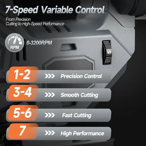 Vista 7 de Sierra de calar inalámbrica compatible con batería DeWalt de 20V, motor sin escobillas, control variable de 7 velocidades, 3200 RPM, potencia