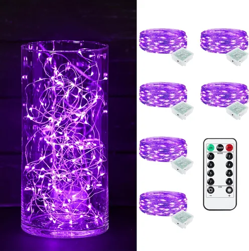 Vista 9 de Paquete de 6 luces de hadas a pilas con temporizador remoto, 8 modos de iluminación, 7 pies, 20 luces LED impermeables para Halloween, Navidad