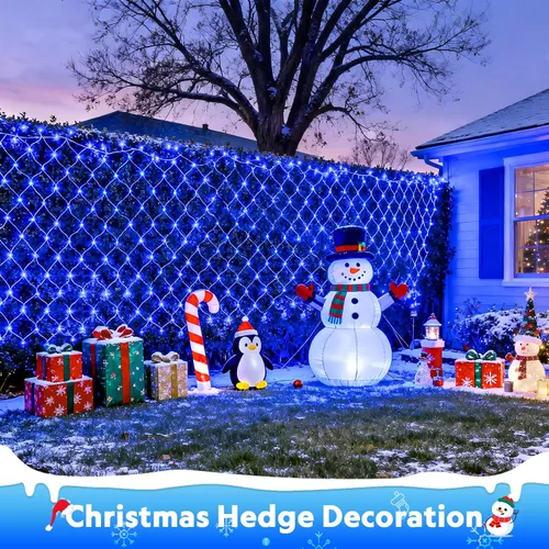 Vista 2 de JMEXSUSS 200 luces LED azules de red de Navidad, 9.8 pies x 6.6 pies, luces de arbusto de Navidad conectables con control remoto, 8 modos, luz