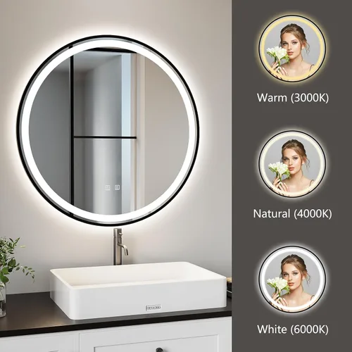 Vista 4 de ROOMTEC Espejo de baño LED redondo de 28 pulgadas con luces, espejo de tocador circular con parte delantera y retroiluminada, marco de aluminio