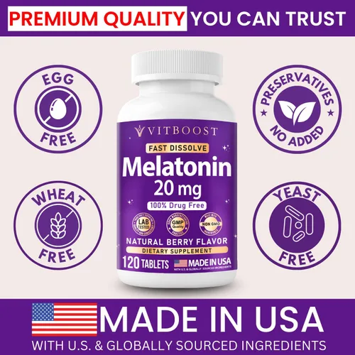 Vista 3 de VITBOOST Melatonina 20 mg – 120 comprimidos de disolución rápida – Sabor natural de bayas – Ayuda para dormir de alta potencia – 100% libre
