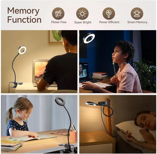 Vista 7 de Paquete de 2 lámparas de escritorio LED con clip, lámpara de metal ajustable 360 para el cuidado de los ojos con función de memoria, 3 modos