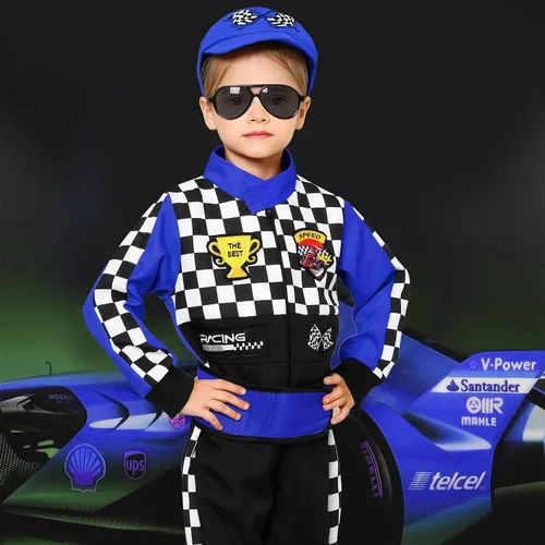 Vista 5 de Latocos Disfraz de piloto de carreras para niños y niñas, overol de corredor con gorra de automóvil, lentes de sol, disfraz para niños, juego de rol