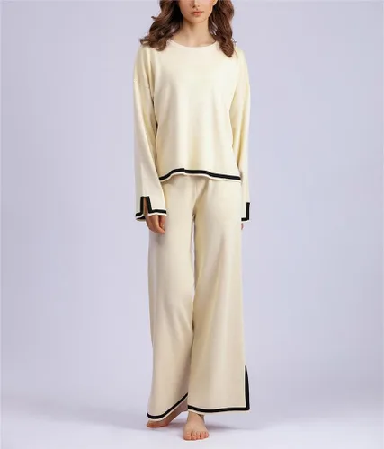 Vista 3 de Conjunto de 2 piezas de suéter para mujer, conjunto de punto de manga larga, sin botones, pantalones de pierna ancha