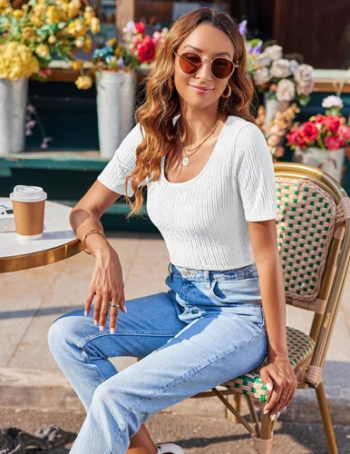 Vista 2 de Zeagoo Women's 2024 Short Sleeve T Shirt Square Neck Slim Fitted Tops Summer Basic Solid Color Tee Tops