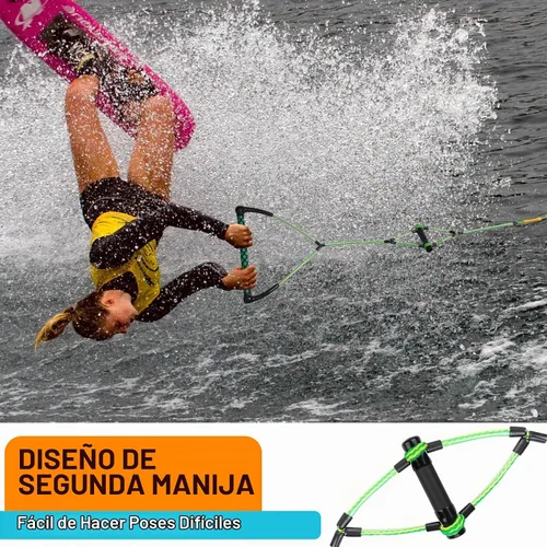 Vista 3 de Obcursco Cuerda Wakeboard, línea de deportes acuáticos con mango EVA. Ideal para esquí acuático, wakeboard, rodillera 2 secciones verde y amarillo