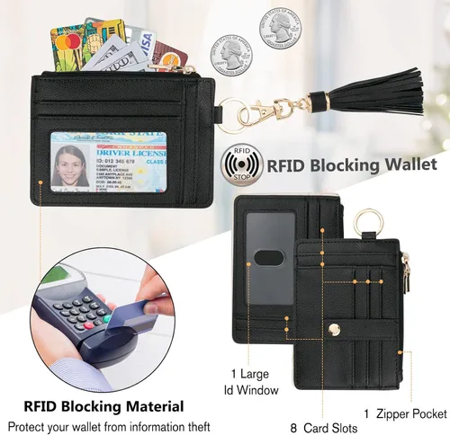 Vista 3 de Cartera llavero pulsera para mujer, delgado RFID tarjeta de crédito, monedero, borla llavero brazalete para hombres y mujeres, negro, (Rfid-black)