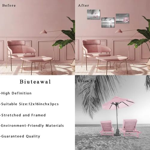 Vista 6 de Biuteawal 3 piezas de arte de pared costero de playa, impresiones artísticas para decoración de paisaje marino de verano, pintura temática gris