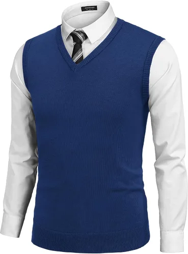Vista 23 de COOFANDY Suéter sin mangas para hombre, chaleco con cuello en V, jersey de algodón sólido Azul claro