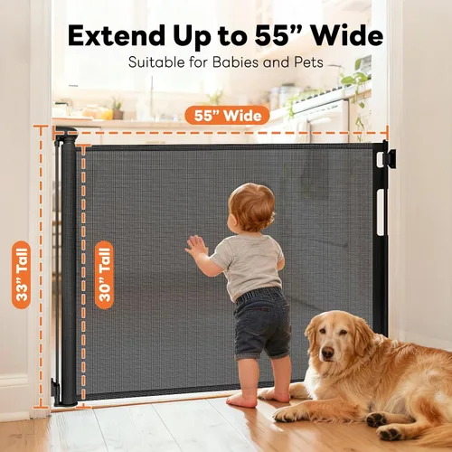 Vista 2 de Puertas retráctiles para bebés para puertas, puerta de malla para perros para escaleras, puerta para mascotas interior, se extiende a 55" de ancho