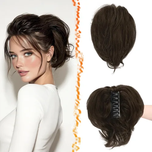 Vista 18 de BARSDAR Extensión de cabello humano corto con clip de garra con metales flexibles, cabello humano real de 8 pulgadas, extensiones de moño