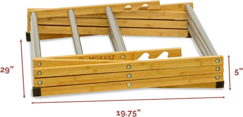 Vista 5 de Tendedero plegable de madera de bambú prémium con postes de metal, totalmente montado, agarres antideslizantes, altura ajustable, 11 postes con 23