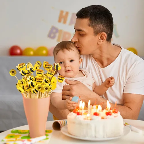 Vista 7 de Zubebe Palillos de cóctel de abejas de verano, palillos de dientes de bambú de girasol, palillos de dientes de cóctel para cupcakes, aperitivos
