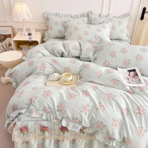 Vista 42 de Funda de edredón de algodón floral tamaño individual con volantes de encaje 100% algodón para adolescentes y niñas, juego de ropa de cama de 3