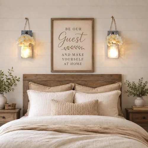 Vista 7 de Decoración rústica de madera para colgar en la pared con tira de luces LED para sala de estar y dormitorio modernos, estilo campestre inspirador