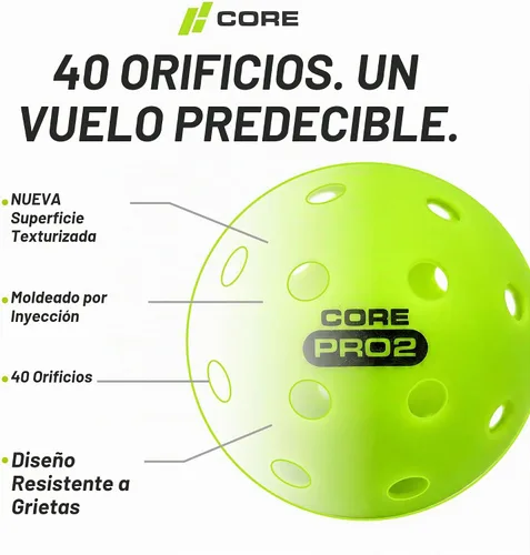 Vista 5 de CORE PRO2 Outdoor Pickleball Balls, 40-Hole Design, Textured Lime Green Surface, Consistent Bounce, Stable Flight and Crack-Resistant Construction