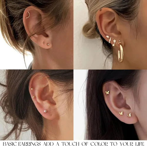 Vista 4 de Juego de 84 pares de aretes de oro para mujer, paquete múltiple, aretes de mariposa de circonita cúbica de perlas de moda, aretes hipoalergénicos
