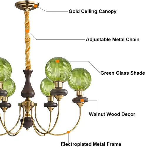 Vista 4 de Candelabro de globo de cristal verde con 6 luces, lámpara colgante moderna de mediados de siglo, lámpara colgante Art Deco para comedor, cocina