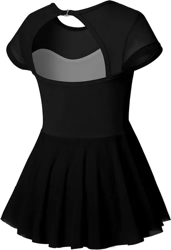 Vista 3 de Phineein Leotardos de ballet de manga corta para niñas, leotardos de baile con espalda hueca con falda Negro