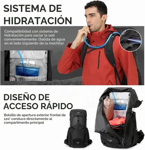 Vista 6 de IX INOXTO 55L Mochila con armazón interno resistente al agua para senderismo y camping con vejiga de agua de 3L y cubierta contra la lluvia, mochila