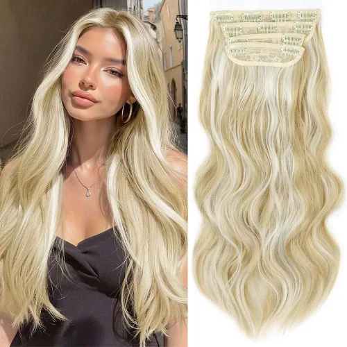 Vista 16 de 4 piezas de extensiones de cabello rizado con clip, color dorado oscuro, mezcla de rubio beige, sintético de 20 pulgadas de largo, extensiones