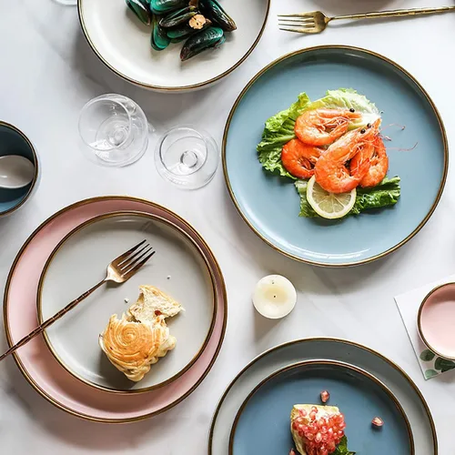 Vista 7 de Plato de cerámica moderno con borde dorado de alta calidad, plato de porcelana elegante para restaurante, juego de platos de cerámica aptos