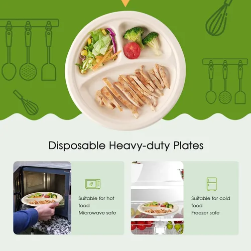 Vista 4 de ECOLipak Paquete de 125 Platos Compostables de 3 Compartimentos, Platos de Papel Desechables de 8.85 Pulgadas de Alta Resistencia, Plato Dividido