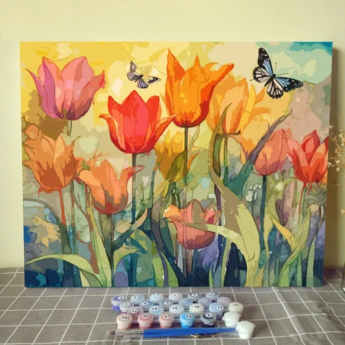 Vista 20 de Tucocoo Kits de pintura de paisaje de girasoles por números con pinceles y pigmento acrílico sobre lienzo para adultos, patrón de mariposas y flores