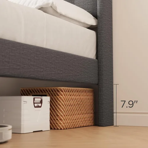 Vista 5 de Aiho - Base de cama tapizada de tamaño matrimonial con cabecera con respaldo de ala, color gris oscuro Button Tufted Headboard, Wood Slat Support