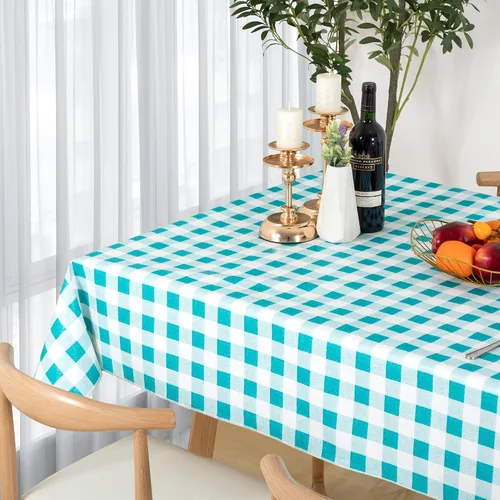 Vista 5 de Mantel de plástico a cuadros verdes y blancos, 60 x 84 pulgadas, vinilo impermeable con reverso de franela para fiestas