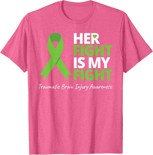 Vista 29 de Camiseta con cinta verde de la conciencia de la TBI, con texto en inglés "Her Fight Is My Fight" Jaspeado Oscuro