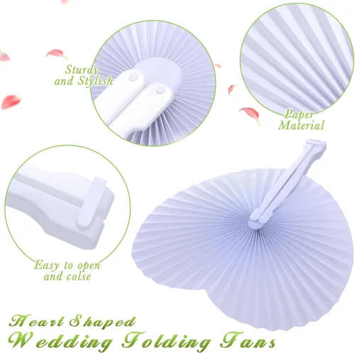 Vista 3 de Yulejo Paquete de 100 abanicos de papel plegables de boda a granel con forma de corazón blanco plegable personalizado con asas de plástico