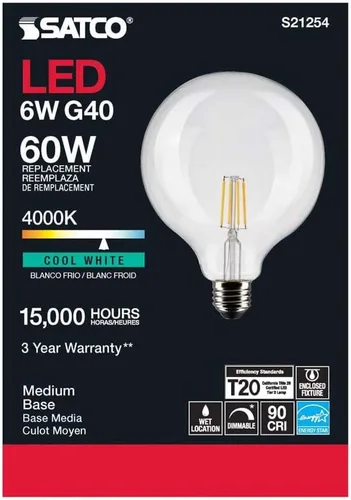 Vista 5 de Satco 6Pk 6w G40 Globo Filamento LED 4000K Base Mediana Regulable - 60W Equiv